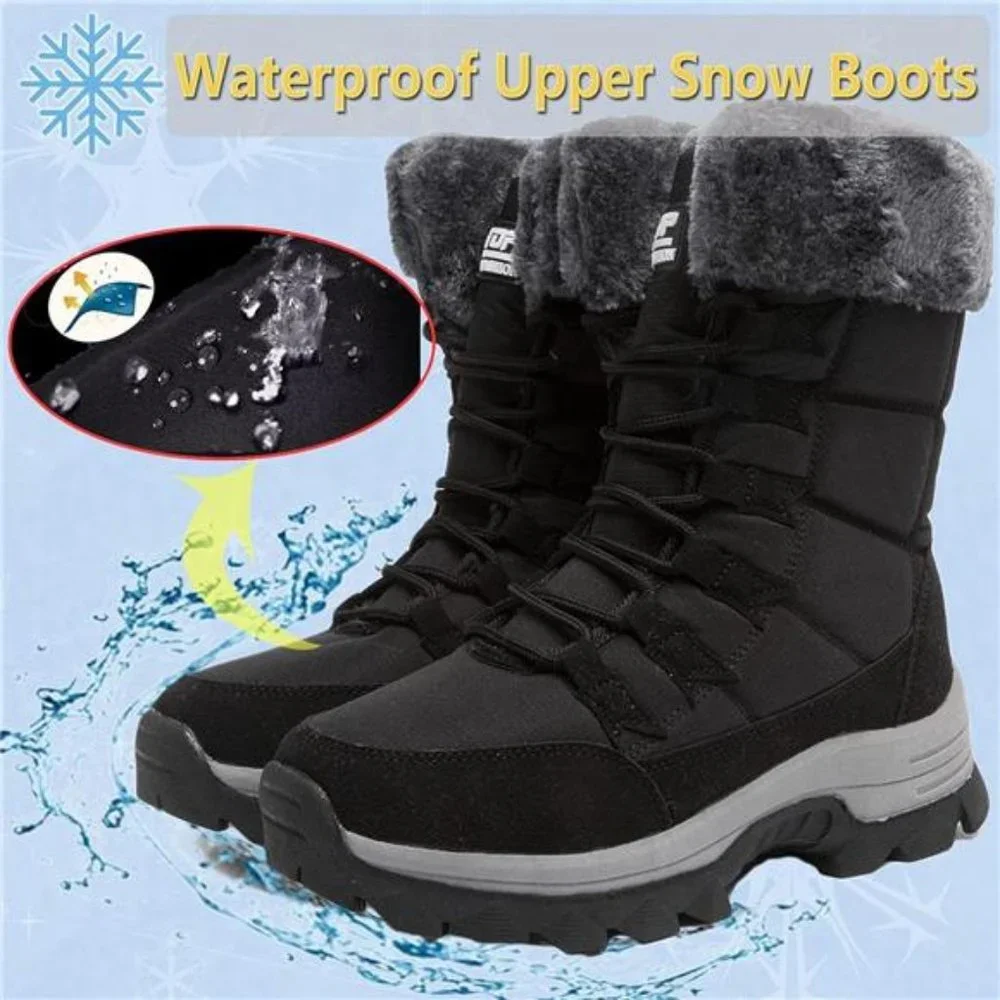 Women's Snow Boots Fur Lined Lace up Mid Calf Anti-Slip Winter Boots, Black/Gray - Picture 3 of 6